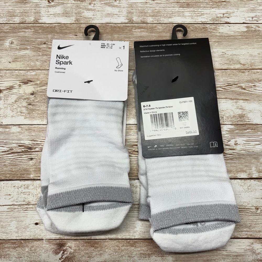 2 Pair Nike Spark Running Socks Unisex M 6-7.5 W 7.5-9 White No Show Cushioned
